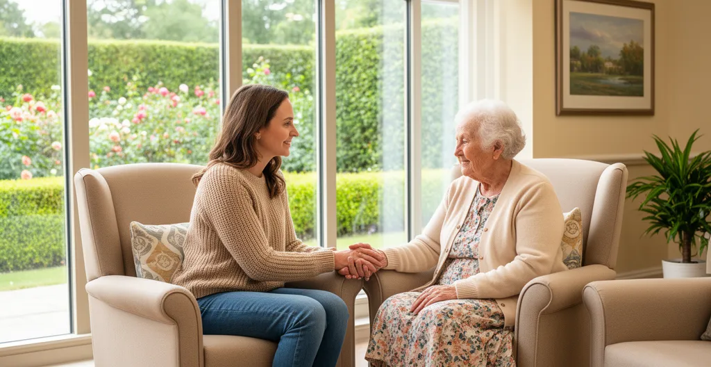 Fille adulte discutant avec sa mère âgée dans un salon lumineux d'établissement