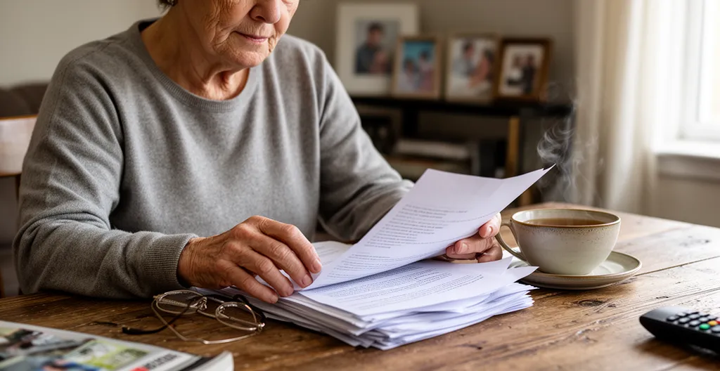 Personne consultant des documents administratifs sur une table de salon