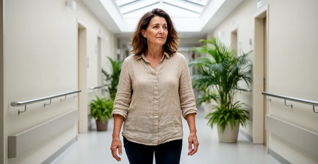 Femme adulte observant un couloir lumineux d'établissement pour personnes âgées