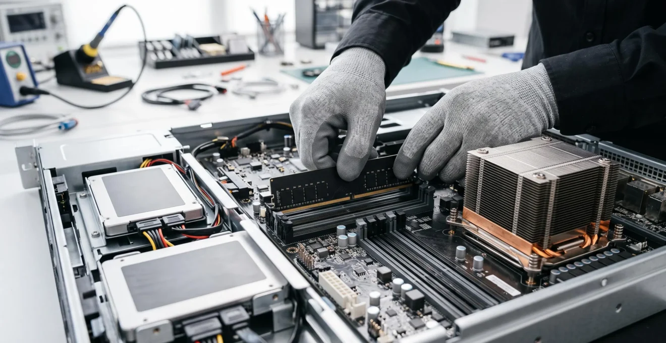 Composants internes d'un serveur montrant CPU, RAM et systèmes de stockage lors d'une maintenance