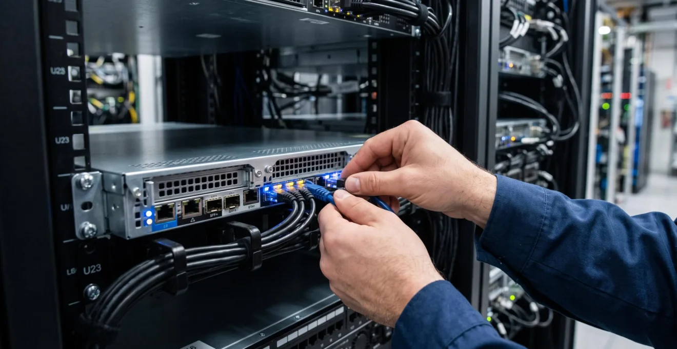 Technicien connectant des câbles réseau aux ports d'un serveur dédié en rack