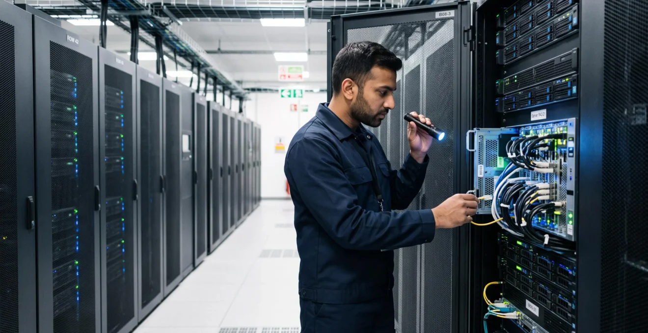Technicien informatique inspectant des serveurs en rack dans un datacenter professionnel