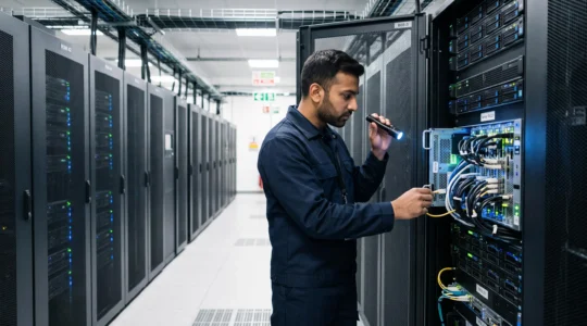 Technicien informatique inspectant des serveurs en rack dans un datacenter professionnel