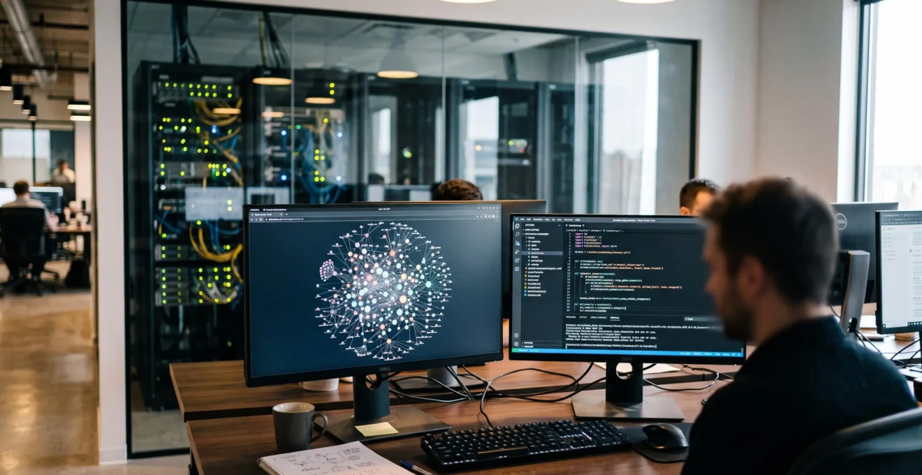 Professionnelle gérant une application métier sur un ordinateur dans un environnement de bureau moderne