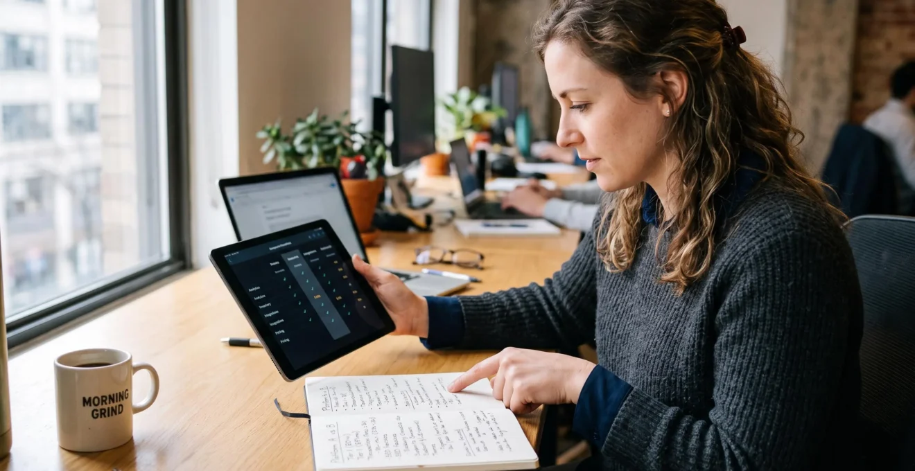 Entrepreneur comparant différentes options de plateformes e-commerce à l'aide d'une tablette et de notes manuscrites