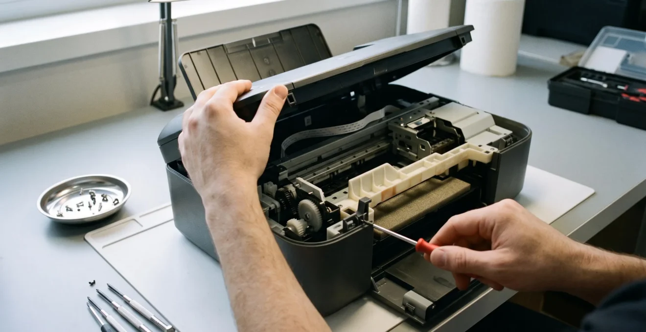 Personne démontant une imprimante Canon Pixma avec un tournevis de précision pour accéder à l'absorbeur d'encre interne