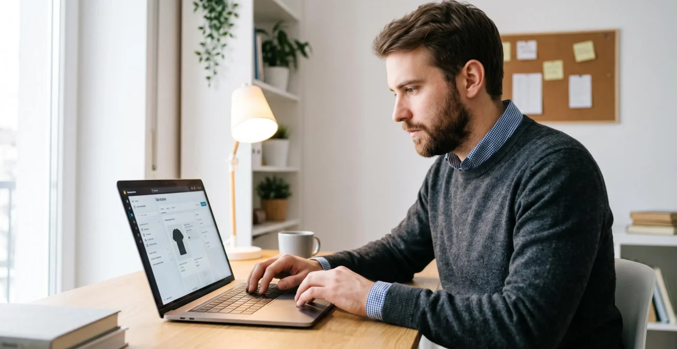 Entrepreneur travaillant sur son ordinateur portable pour créer un site e-commerce dans un bureau moderne