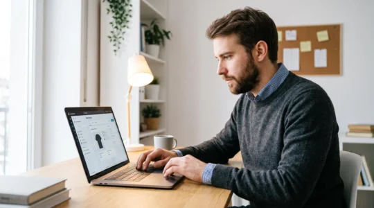 Entrepreneur travaillant sur son ordinateur portable pour créer un site e-commerce dans un bureau moderne