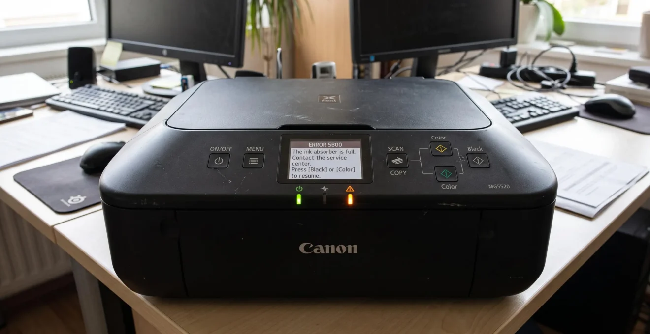 Panneau de contrôle d'une imprimante Canon Pixma affichant le code d'erreur 5B00 avec les voyants orange et vert clignotants