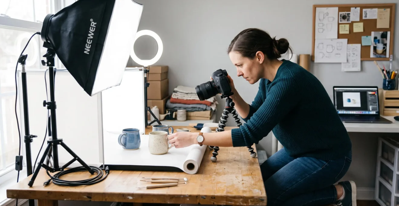 Entrepreneur photographiant des produits avec un appareil photo reflex et un éclairage simple sur fond blanc