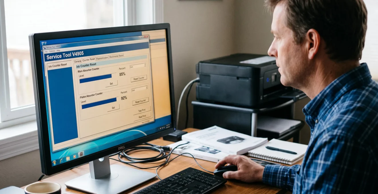 Écran d'ordinateur affichant l'interface du Service Tool V4905 avec les compteurs d'encre résiduelle et l'option de réinitialisation