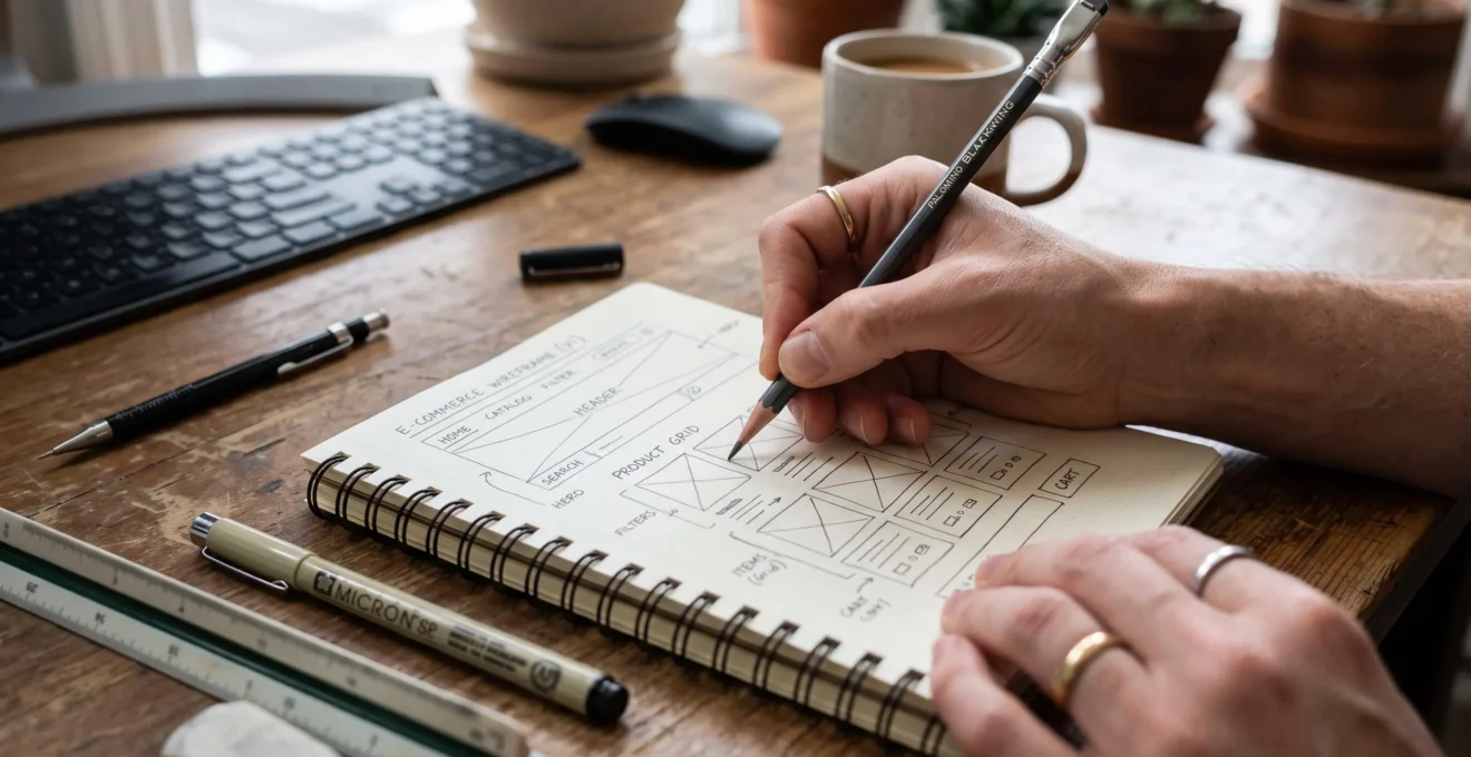 Mains d'un designer esquissant la structure wireframe d'un site e-commerce sur papier